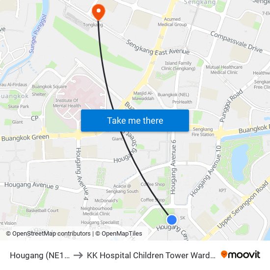 Hougang (NE14) to KK Hospital Children Tower Ward 85 map