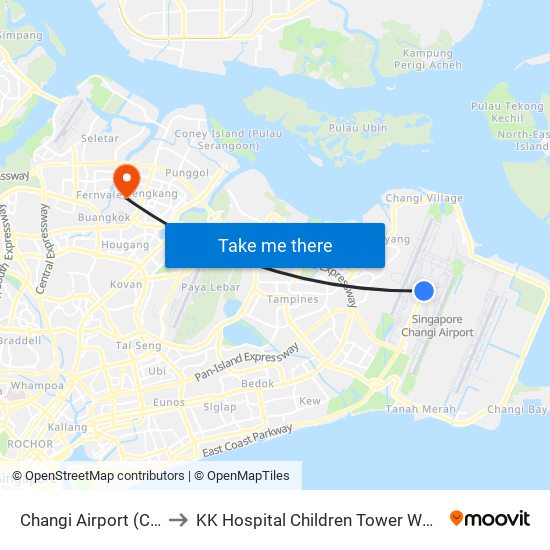 Changi Airport (CG2) to KK Hospital Children Tower Ward 85 map