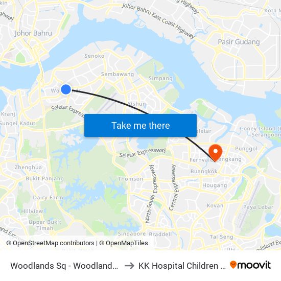 Woodlands Sq - Woodlands Temp Int (47009) to KK Hospital Children Tower Ward 85 map