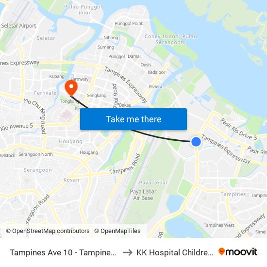 Tampines Ave 10 - Tampines Wafer Fab Pk (75351) to KK Hospital Children Tower Ward 85 map