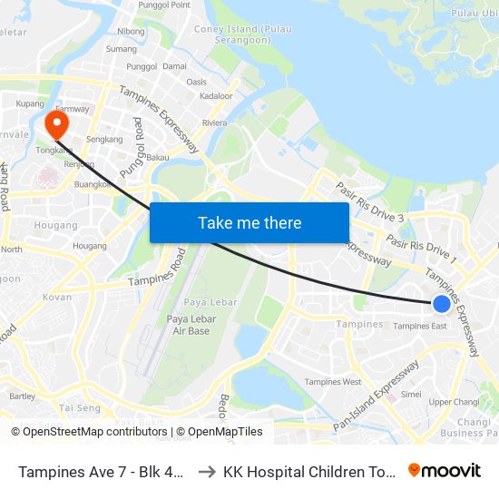 Tampines Ave 7 - Blk 497d (76241) to KK Hospital Children Tower Ward 85 map