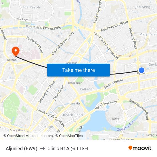 Aljunied (EW9) to Clinic B1A @ TTSH map