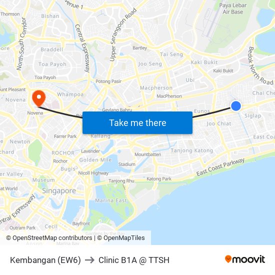 Kembangan (EW6) to Clinic B1A @ TTSH map