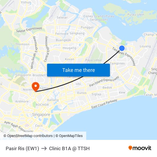 Pasir Ris (EW1) to Clinic B1A @ TTSH map