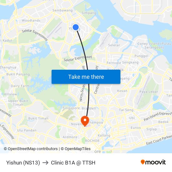 Yishun (NS13) to Clinic B1A @ TTSH map