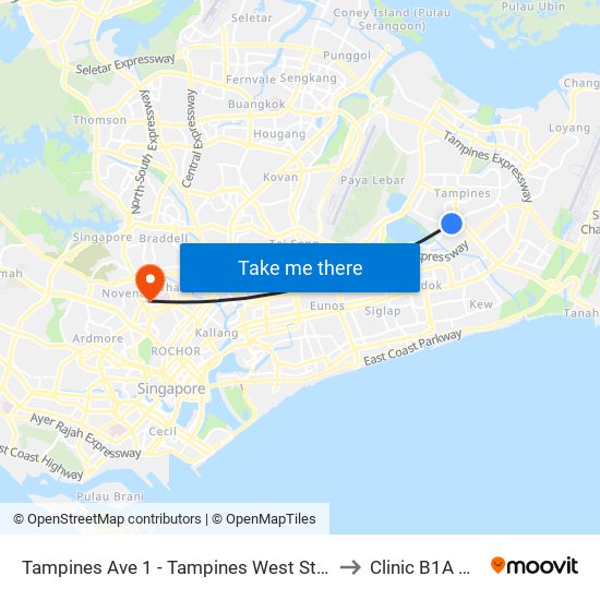 Tampines Ave 1 - Tampines West Stn Exit B (75051) to Clinic B1A @ TTSH map