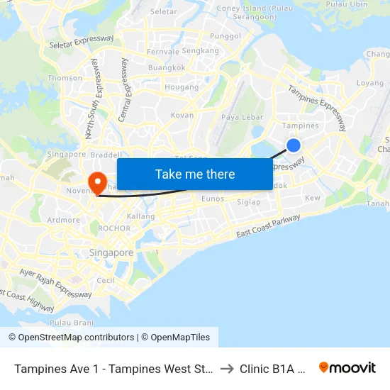 Tampines Ave 1 - Tampines West Stn Exit B (75051) to Clinic B1A @ TTSH map