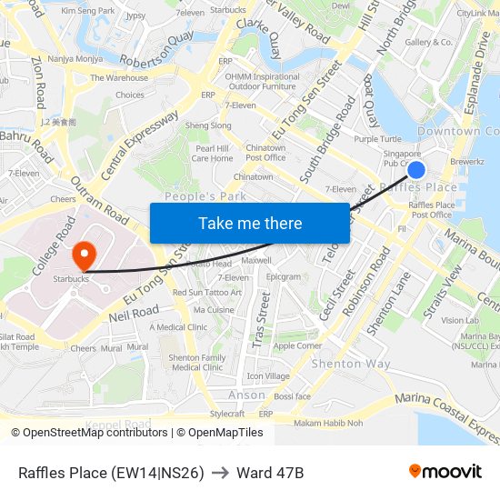 Raffles Place (EW14|NS26) to Ward 47B map