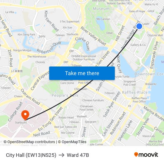 City Hall (EW13|NS25) to Ward 47B map