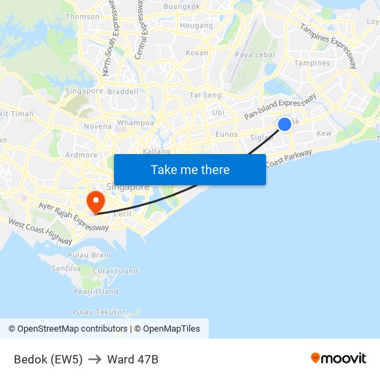 Bedok (EW5) to Ward 47B map