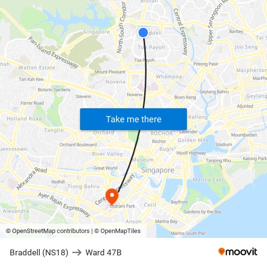 Braddell (NS18) to Ward 47B map