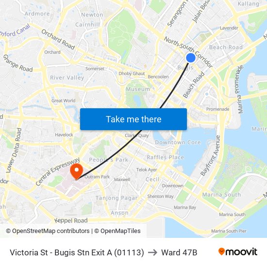 Victoria St - Bugis Stn Exit A (01113) to Ward 47B map