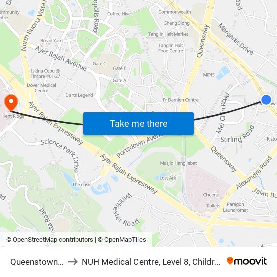 Queenstown (EW19) to NUH Medical Centre, Level 8, Children's Cancer Centre. map