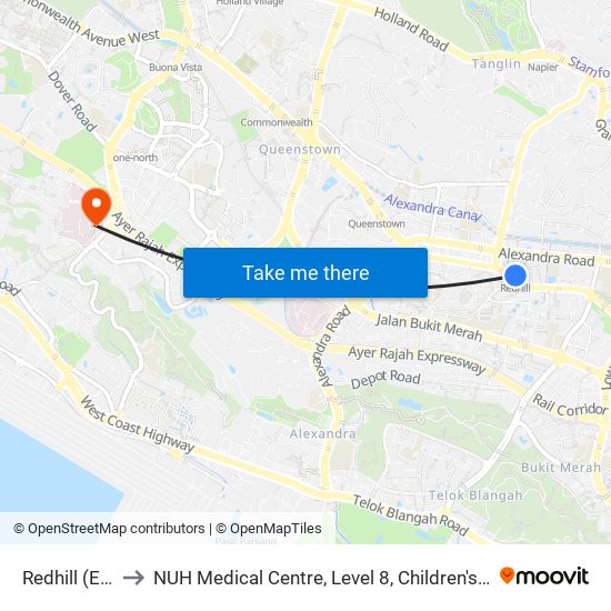 Redhill (EW18) to NUH Medical Centre, Level 8, Children's Cancer Centre. map