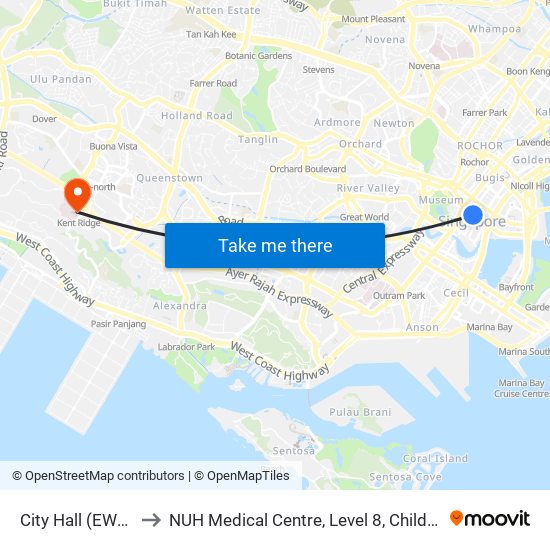 City Hall (EW13|NS25) to NUH Medical Centre, Level 8, Children's Cancer Centre. map