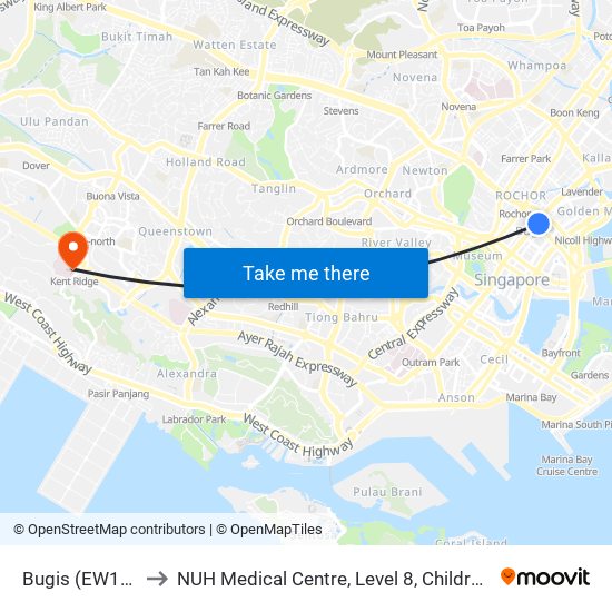 Bugis (EW12|DT14) to NUH Medical Centre, Level 8, Children's Cancer Centre. map