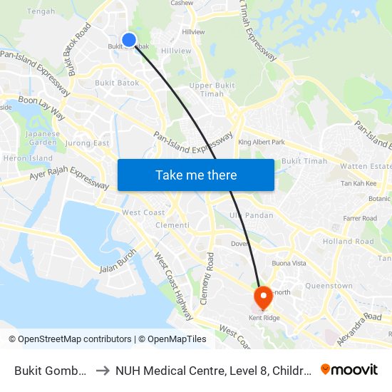 Bukit Gombak (NS3) to NUH Medical Centre, Level 8, Children's Cancer Centre. map