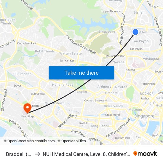 Braddell (NS18) to NUH Medical Centre, Level 8, Children's Cancer Centre. map