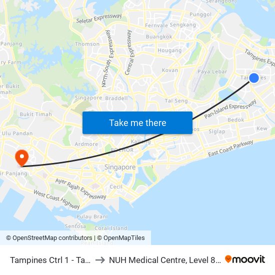 Tampines Ctrl 1 - Tampines Int (75009) to NUH Medical Centre, Level 8, Children's Cancer Centre. map