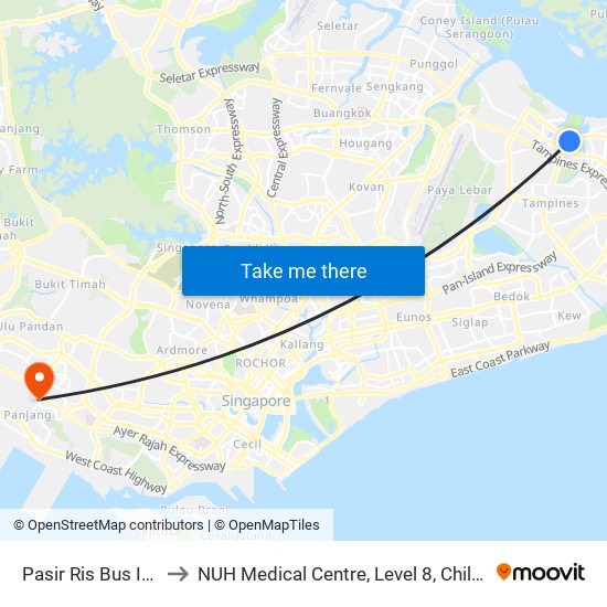 Pasir Ris Bus Interchange to NUH Medical Centre, Level 8, Children's Cancer Centre. map