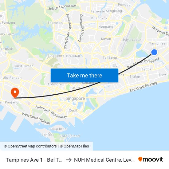 Tampines Ave 1 - Bef Tampines West Stn (75059) to NUH Medical Centre, Level 8, Children's Cancer Centre. map