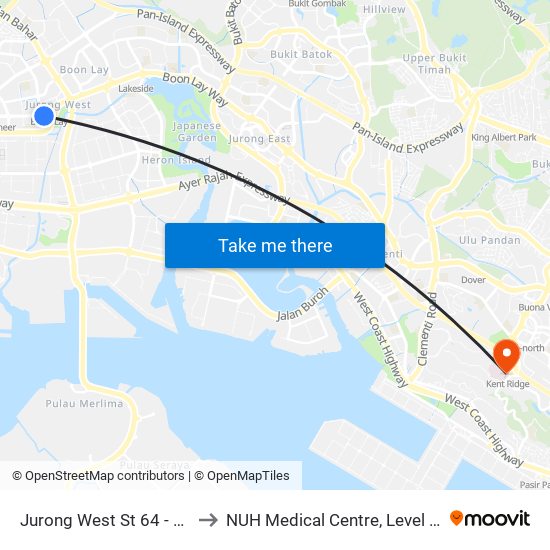 Jurong West St 64 - Opp Blk 662c (22499) to NUH Medical Centre, Level 8, Children's Cancer Centre. map