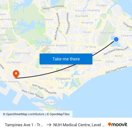 Tampines Ave 1 - Tropica Condo (75259) to NUH Medical Centre, Level 8, Children's Cancer Centre. map