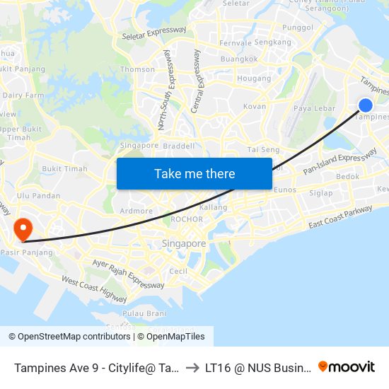 Tampines Ave 9 - Citylife@ Tampines (76541) to LT16 @ NUS Business School map