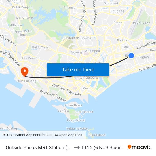 Outside Eunos MRT Station (Public Car Park) to LT16 @ NUS Business School map