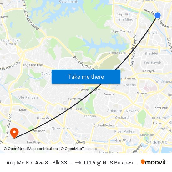 Ang Mo Kio Ave 8 - Blk 332 (54311) to LT16 @ NUS Business School map