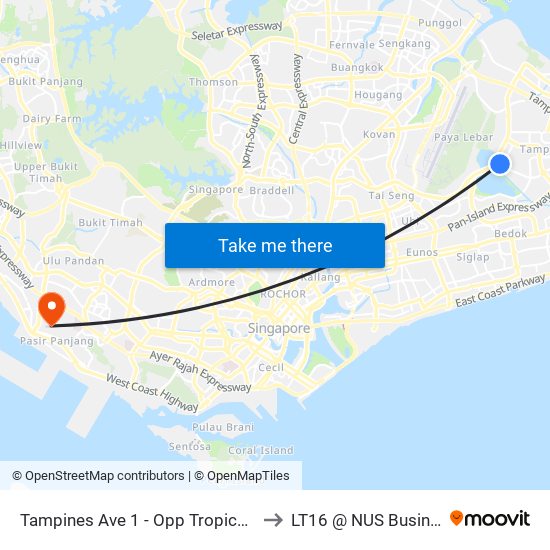 Tampines Ave 1 - Opp Tropica Condo (75251) to LT16 @ NUS Business School map