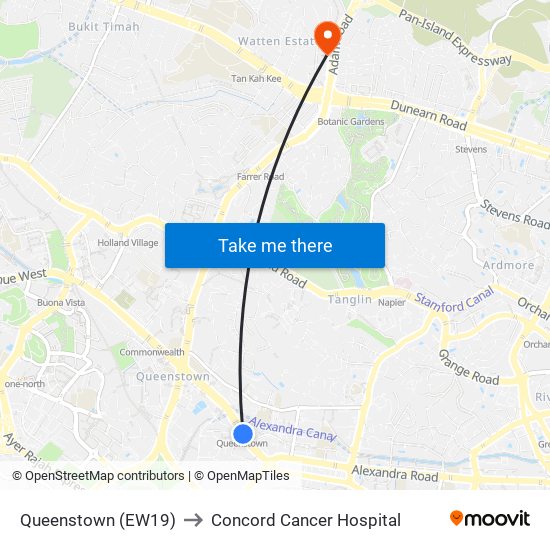 Queenstown (EW19) to Concord Cancer Hospital map