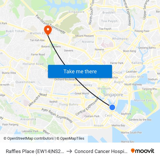 Raffles Place (EW14|NS26) to Concord Cancer Hospital map