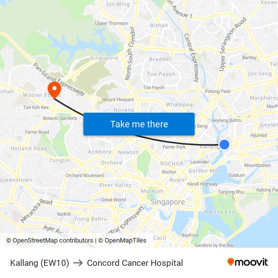 Kallang (EW10) to Concord Cancer Hospital map
