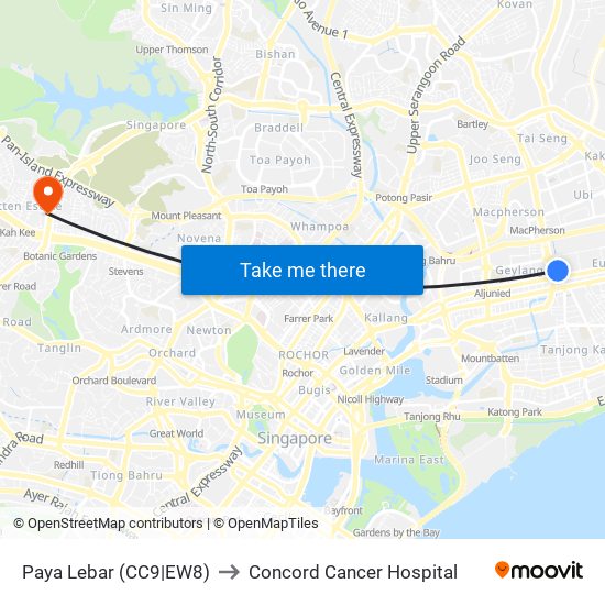 Paya Lebar (CC9|EW8) to Concord Cancer Hospital map