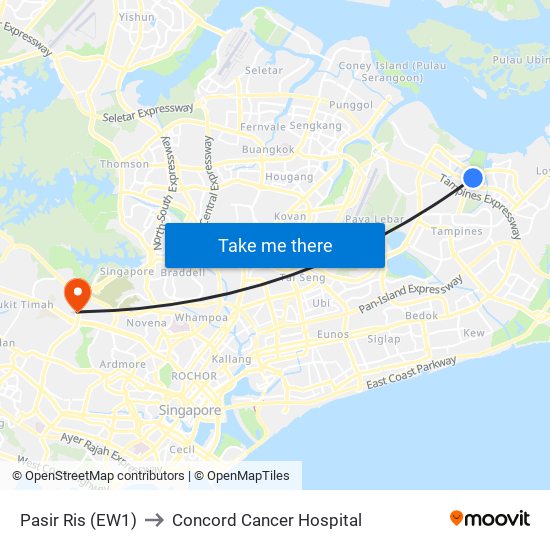 Pasir Ris (EW1) to Concord Cancer Hospital map