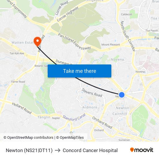 Newton (NS21|DT11) to Concord Cancer Hospital map