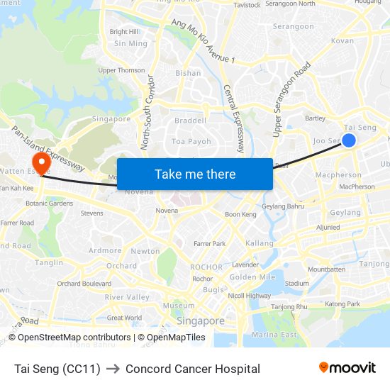 Tai Seng (CC11) to Concord Cancer Hospital map