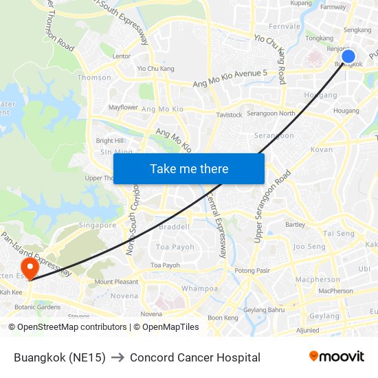 Buangkok (NE15) to Concord Cancer Hospital map