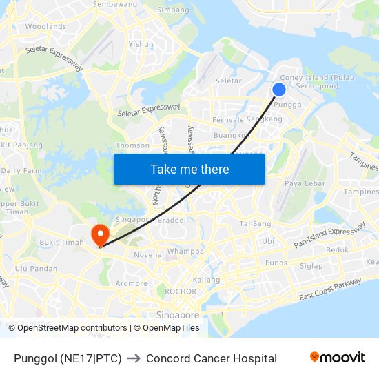 Punggol (NE17|PTC) to Concord Cancer Hospital map