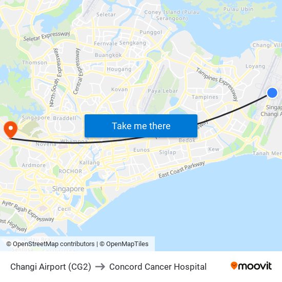 Changi Airport (CG2) to Concord Cancer Hospital map