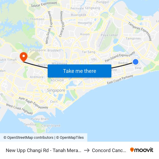 New Upp Changi Rd - Tanah Merah Stn Exit A (85099) to Concord Cancer Hospital map