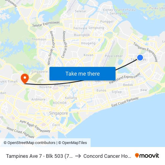 Tampines Ave 7 - Blk 503 (76199) to Concord Cancer Hospital map