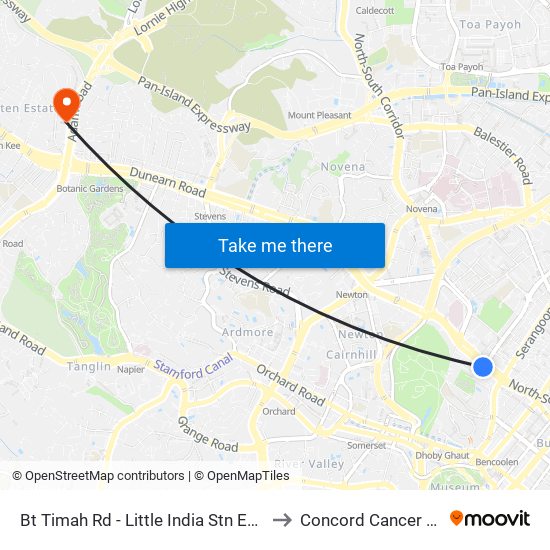 Bt Timah Rd - Little India Stn Exit A (40011) to Concord Cancer Hospital map