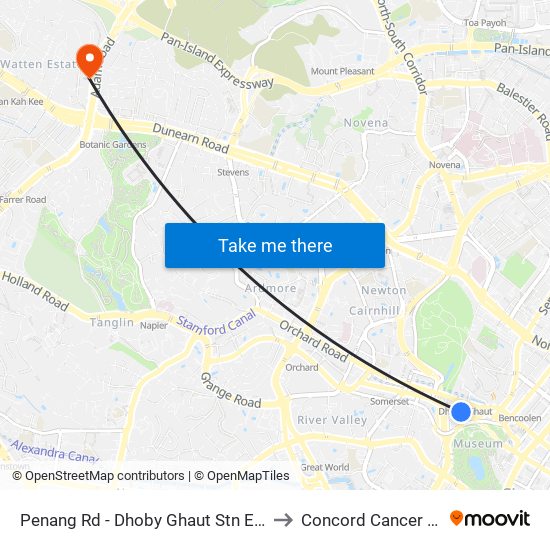 Penang Rd - Dhoby Ghaut Stn Exit B (08031) to Concord Cancer Hospital map