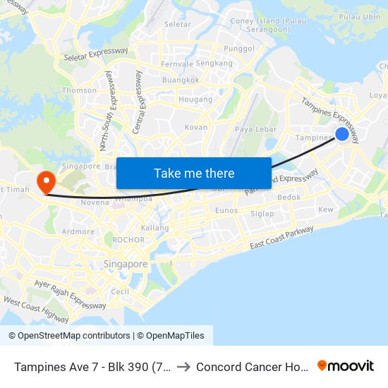 Tampines Ave 7 - Blk 390 (76239) to Concord Cancer Hospital map