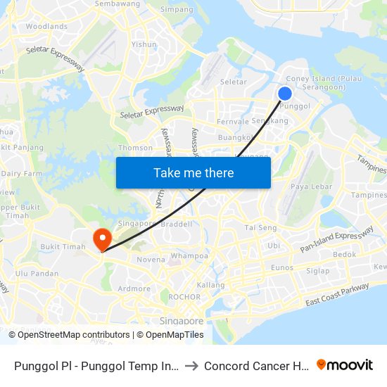 Punggol Pl - Punggol Temp Int (65009) to Concord Cancer Hospital map