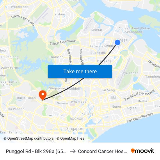 Punggol Rd - Blk 298a (65061) to Concord Cancer Hospital map