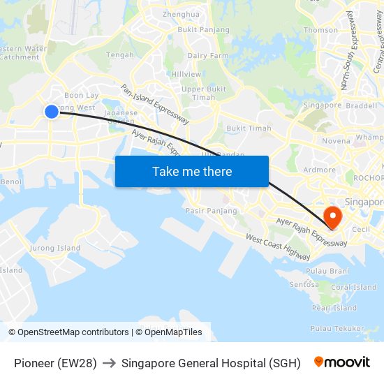 Pioneer (EW28) to Singapore General Hospital (SGH) map