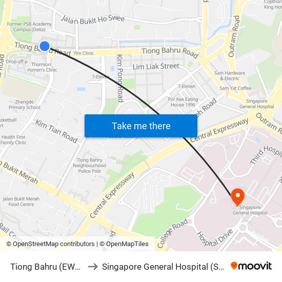 Tiong Bahru (EW17) to Singapore General Hospital (SGH) map